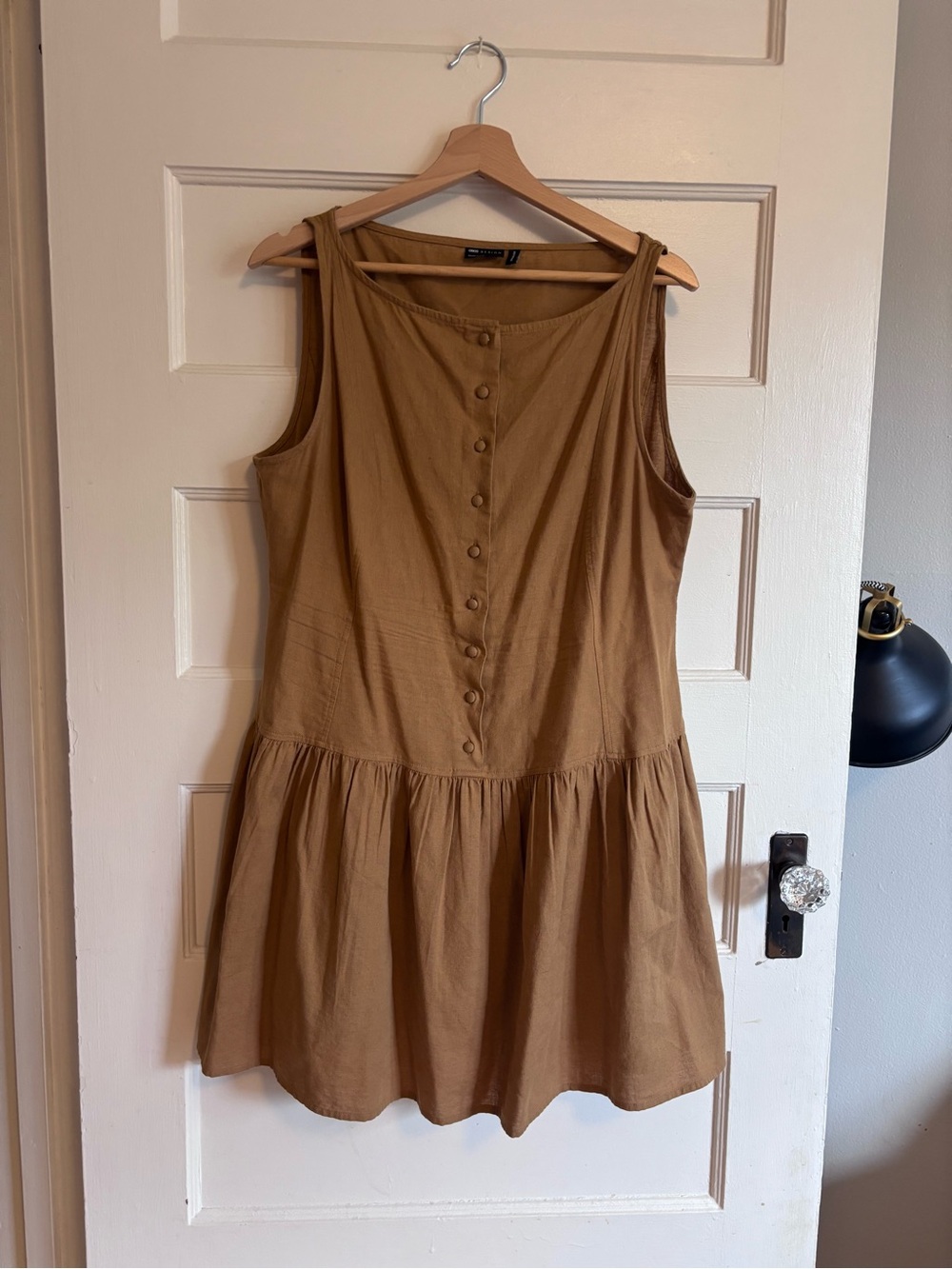 ASOS Design Tobacco Brown Linen Blend Drop Waist Mini Dress Button Front Sz 10